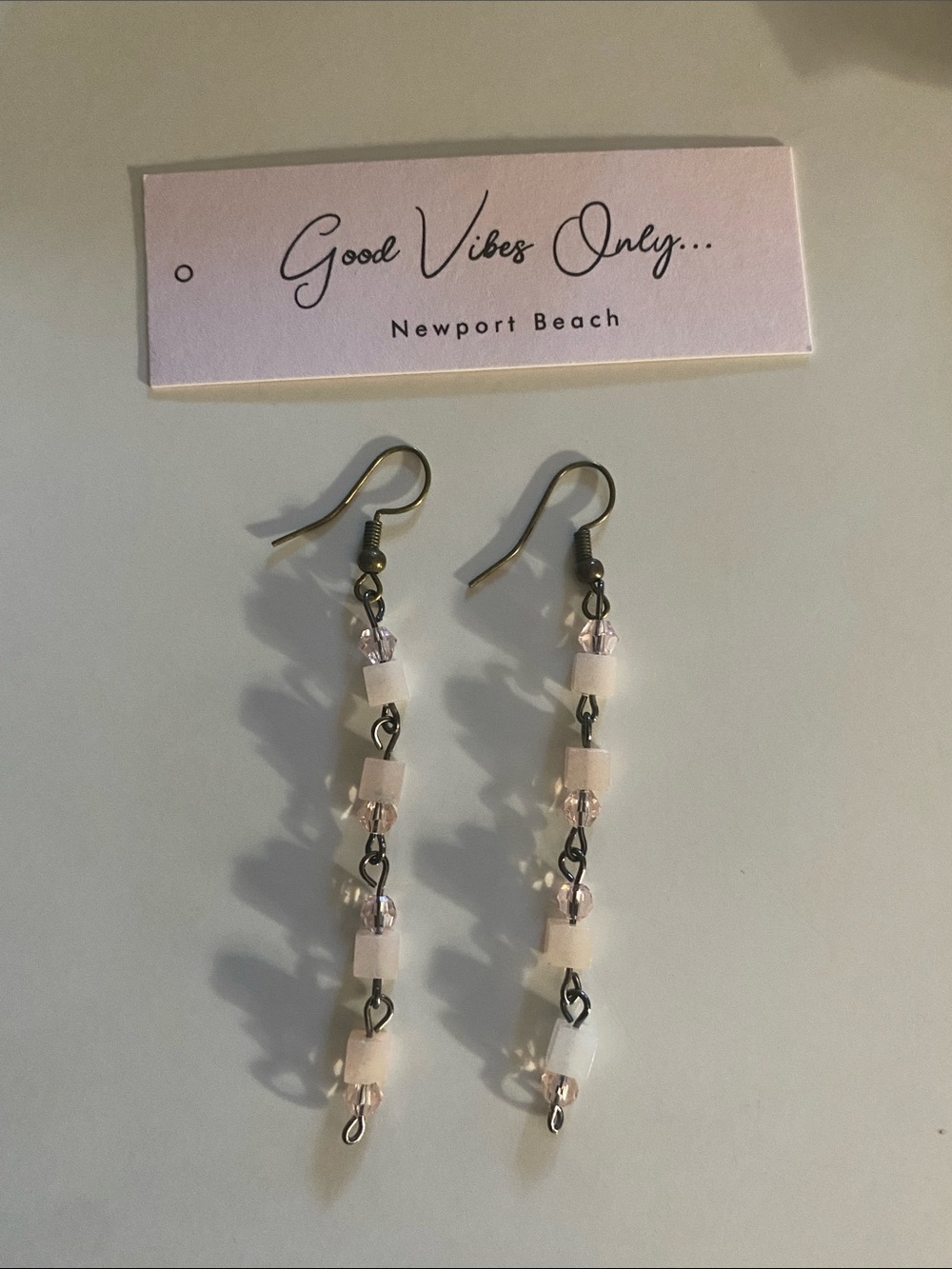 Good Vibes Only Newport Beach Pink Agate Square stone and Beaded Dangle Earrings